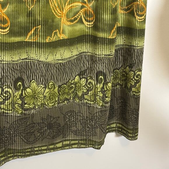 Vtg Fairycore Maxi Skirt Olive Gold Leaf Print Flowy Crinkle Whimsy Dark Autumn - Picture 5 of 8